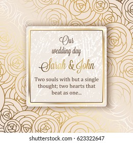 Intricate baroque luxury wedding invitation card, rich gold floral decor on beige background with frame and place for text, lacy foliage with shiny gradient