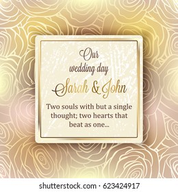 Intricate baroque luxury wedding invitation card, rich gold decor on beige background with frame and place for text, lacy foliage with shiny gradient
