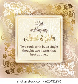 Intricate baroque luxury wedding invitation card, rich gold decor on beige background with frame and place for text, lacy foliage with shiny gradient