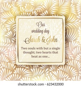 Intricate baroque luxury wedding invitation card, rich gold decor on beige background with frame and place for text, lacy foliage with shiny gradient