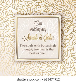 Intricate baroque luxury wedding invitation card, rich gold decor on beige background with frame and place for text, lacy foliage with shiny gradient