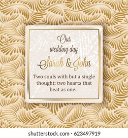 Intricate baroque luxury wedding invitation card, rich gold decor on beige background with frame and place for text, lacy foliage with shiny gradient