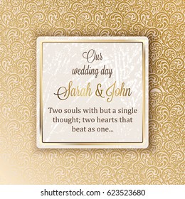 Intricate baroque luxury wedding invitation card, rich gold decor on beige background with frame and place for text, lacy foliage with shiny gradient
