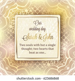 Intricate baroque luxury wedding invitation card, rich gold decor on beige background with frame and place for text, lacy foliage with shiny gradient