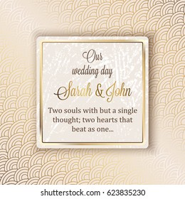 Intricate baroque luxury wedding invitation card, rich gold decor on beige background with frame and place for text, lacy foliage with shiny gradient