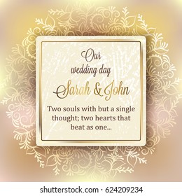 Intricate baroque luxury wedding invitation card, rich gold decor on beige background with frame and place for text, lacy foliage with shiny gradient