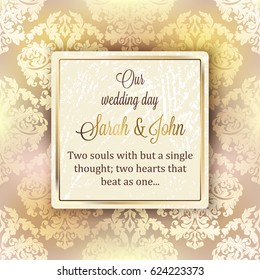 Intricate baroque luxury wedding invitation card, rich gold decor on beige background with frame and place for text, lacy foliage with shiny gradient