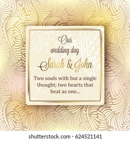 Intricate baroque luxury wedding invitation card, rich gold decor on beige background with frame and place for text, lacy foliage with shiny gradient