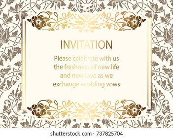 Intricate baroque luxury wedding invitation card, rich gold decor on beige background with frame and place for text, lacy foliage with shiny gradient.