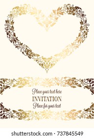 Intricate baroque luxury wedding invitation card, rich gold decor on beige background with frame and place for text, lacy foliage with shiny gradient.
