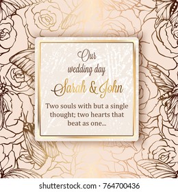 Intricate baroque luxury wedding invitation card, rich gold decor on beige background with frame and place for text, lacy foliage with shiny gradient.