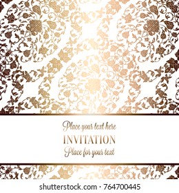 Intricate baroque luxury wedding invitation card, rich gold decor on beige background with frame and place for text, lacy foliage with shiny gradient.
