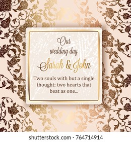 Intricate baroque luxury wedding invitation card, rich gold decor on beige background with frame and place for text, lacy foliage with shiny gradient.