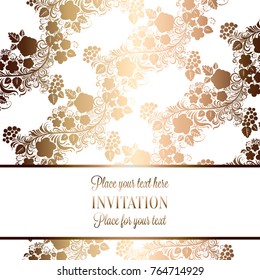 Intricate baroque luxury wedding invitation card, rich gold decor on beige background with frame and place for text, lacy foliage with shiny gradient.