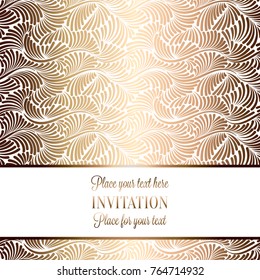 Intricate baroque luxury wedding invitation card, rich gold decor on beige background with frame and place for text, lacy foliage with shiny gradient.