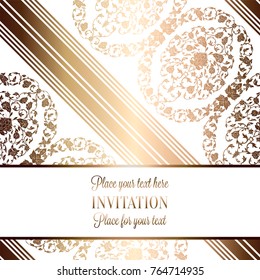 Intricate baroque luxury wedding invitation card, rich gold decor on beige background with frame and place for text, lacy foliage with shiny gradient.