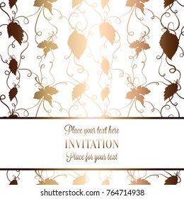 Intricate baroque luxury wedding invitation card, rich gold decor on beige background with frame and place for text, lacy foliage with shiny gradient.