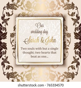 Intricate baroque luxury wedding invitation card, rich gold decor on beige background with frame and place for text, lacy foliage with shiny gradient.