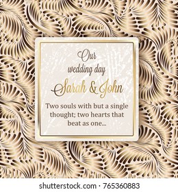 Intricate baroque luxury wedding invitation card, rich gold decor on beige background with frame and place for text, lacy foliage with shiny gradient.