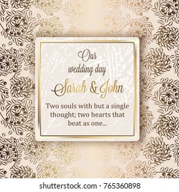 Intricate baroque luxury wedding invitation card, rich gold decor on beige background with frame and place for text, lacy foliage with shiny gradient.