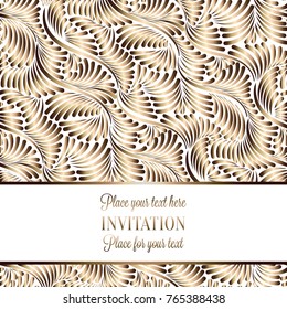 Intricate baroque luxury wedding invitation card, rich gold decor on beige background with frame and place for text, lacy foliage with shiny gradient.