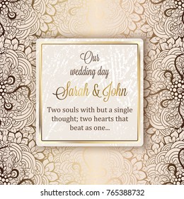 Intricate baroque luxury wedding invitation card, rich gold decor on beige background with frame and place for text, lacy foliage with shiny gradient.