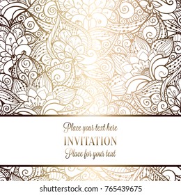 Intricate baroque luxury wedding invitation card, rich gold decor on beige background with frame and place for text, lacy foliage with shiny gradient.