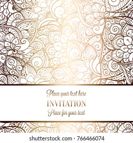 Intricate baroque luxury wedding invitation card, rich gold decor on beige background with frame and place for text, lacy foliage with shiny gradient.