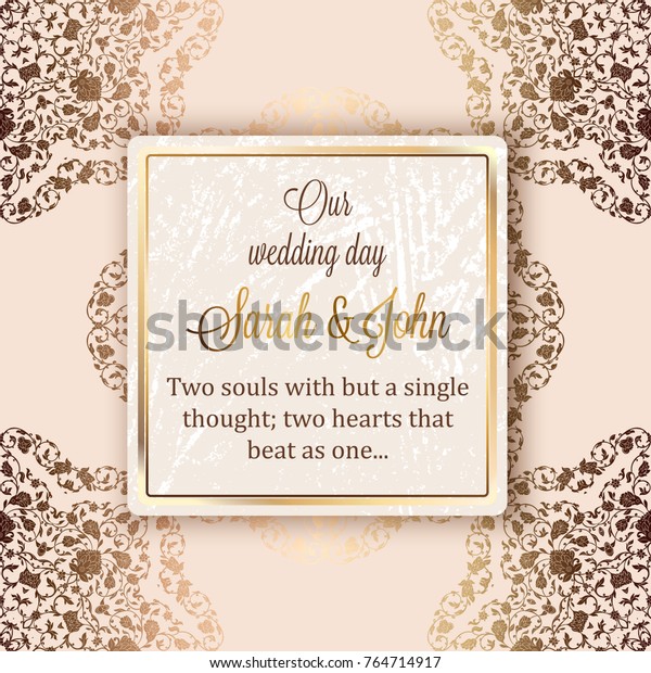 Intricate baroque luxury wedding invitation\
card, rich gold decor on beige background with frame and place for\
text, lacy foliage with shiny\
gradient.