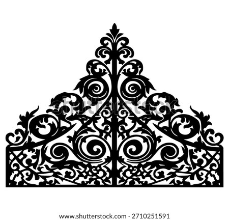 Intricate baroque revival vector wrought iron illustration silhouette ornamental gate or fence panel for architectural design