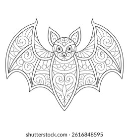 Intricate bat illustration with swirling patterns, suitable for coloring.
