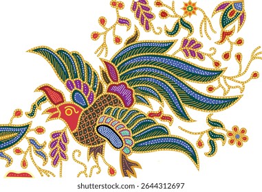 Intricate Batik Peacock Motif with Floral Elements, Illustration Style.