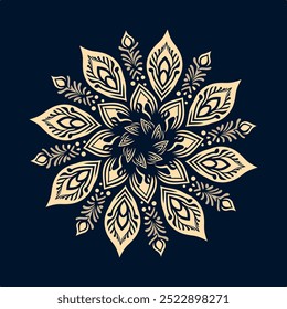 An intricate beige floral pattern with a mandala-like design on a dark background. The decorative symmetrical pattern features detailed petals, perfect for textiles, wallpaper or design elements.