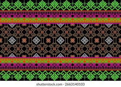 Intricate black background textile design with golden brown and white floral pixel patterns, capturing Thai ethnic essence with modern digital style.