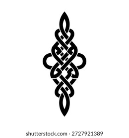Kompliziertes schwarzes keltisches Knotenmuster mit vertikaler Ausrichtung, das Ewigkeit und Verbundenheit symbolisiert.