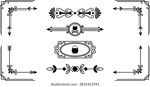 Intricate black decorative arrows featuring floral and symbolic embellishments on transparent background