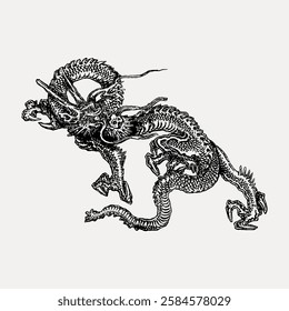 Intricate black dragon illustration with detailed scales and claws. The dragon is depicted in a dynamic pose, showcasing its mythical and powerful nature. Vintage Japanese illustration vector.