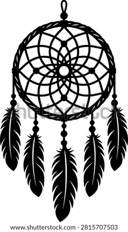 Intricate black dreamcatcher design with feathers, symbolizing protection and dreams