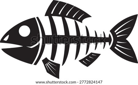 Intricate black fish skeleton vector showing dorsal and ventral fins with vertical rib structure. Accurate silhouette design for marine biology or nature themes on transparent grid area.