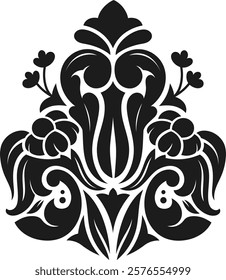 Intricate black floral design featuring symmetrical patterns and stylized botanical elements. Elegant curves and detailed motifs create a decorative and artistic visual appeal