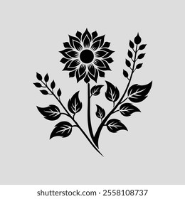  An intricate black floral motif featuring a symmetrical blossom and stylized leaves.line art vector.