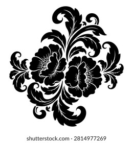 Intricate black floral pattern featuring detailed flowers and swirling leaves, ideal for decorative, artistic, or design projects.