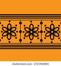 Ein kompliziertes schwarzes Blumenmuster auf orangefarbenem Hintergrund mit sich wiederholenden Designs und geometrischen Formen.