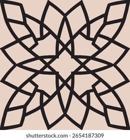 Padrão islâmico geométrico preto intrincado sobre fundo bege, ideal para arte islâmica, têxtil e design ornamental.