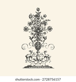 Uma intrincada gravura em tinta preta de um arranjo floral clássico em uma urna decorativa, apresentando uma estética vintage intemporal adequada para papelaria elegante ou decoração histórica.
