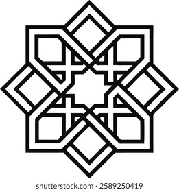 An intricate black Islamic geometric pattern forming an eight-pointed star, showcasing the beauty of Islamic symmetry.