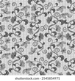 Verwickelte schwarze Spitze Blumenmuster mit wirbelnden Reben und sechseckigen Mesh-Hintergrund - Elegantes Vintage-Design für Textilien, Tapeten und dekorative Kunst