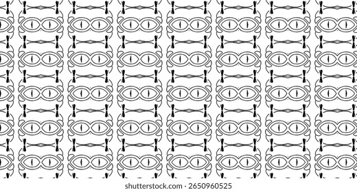 Intricate black line art pattern with mirrored fish-eye shapes and subtle organic details. Perfect for modern abstract backgrounds and textile designs.