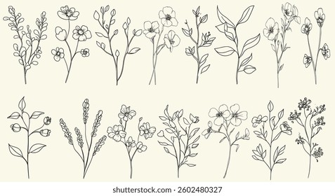 Intricate black line art of wild cuckoo flower for chic wedding stationery, eco-conscious branding, trendy greenery, floral branch, wildflower collection, personalized logos, floral decor,