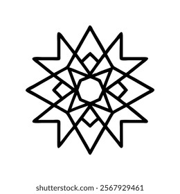 Intricate Black Line Geometric Star Design, Symmetrical geometric star design with interwoven lines, offering a bold and stylish aesthetic for graphic projects.